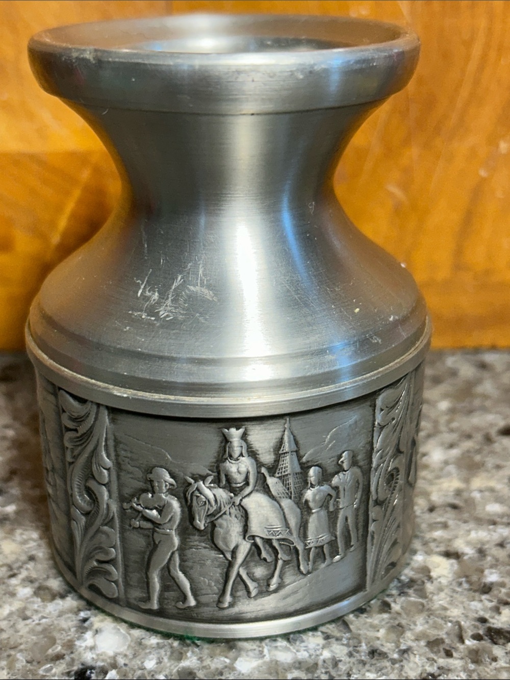 Pewter candle holder with scenery of medieval conquest